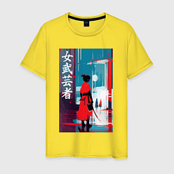 Футболка хлопковая мужская Онна-бугэйся - девушка-самурай - иероглифы - Япони, цвет: желтый