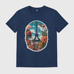 Футболка хлопковая мужская Эйфелева башня в цветах, цвет: тёмно-синий