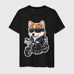 Футболка хлопковая мужская Shiba Inu собака мотоциклист, цвет: черный
