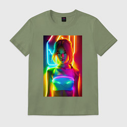Футболка хлопковая мужская Japanese girl - neon glow - neural network, цвет: авокадо