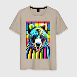 Футболка хлопковая мужская Медвежья мордашка - поп-арт - нейросеть, цвет: миндальный