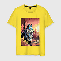 Футболка хлопковая мужская Волк в осеннем лесу, цвет: желтый
