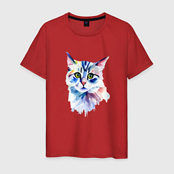 Футболка хлопковая мужская Акварельный волшебный котик, цвет: красный