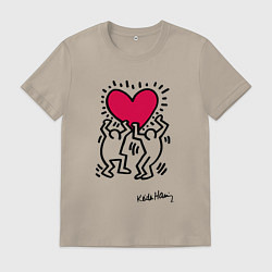 Футболка хлопковая мужская Человечки с сердцем - поп арт Кит Харинг, цвет: миндальный