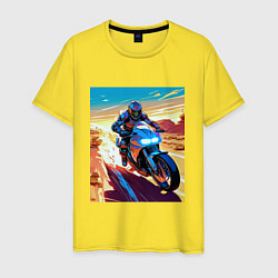 Футболка хлопковая мужская Мотоциклист в пустыне, цвет: желтый