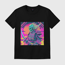 Футболка хлопковая мужская Кислотный самурай скелет в стиле retrowave, цвет: черный