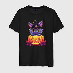 Футболка хлопковая мужская Милый котик и тыква - Хэллоуин, цвет: черный