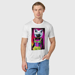 Футболка хлопковая мужская Cat fashionista - pop art - neural network, цвет: белый — фото 2