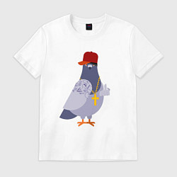Футболка хлопковая мужская Крутой голубь в кепке показывает f**k, цвет: белый