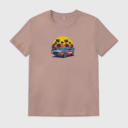 Футболка хлопковая мужская Ретро машина и пальмы на закате, цвет: пыльно-розовый