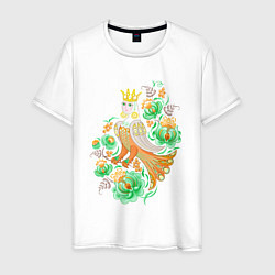 Футболка хлопковая мужская Птица Сирин среди русского орнамента, цвет: белый