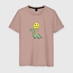 Футболка хлопковая мужская Мультяшный динозавр и стекающий смайлик, цвет: пыльно-розовый