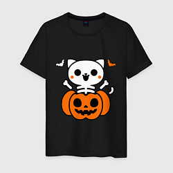 Футболка хлопковая мужская Веселый кот-скелет в тыкве - Хэллоуин, цвет: черный