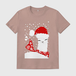 Футболка хлопковая мужская Лама в шапочке и шарфе, цвет: пыльно-розовый