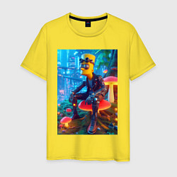 Футболка хлопковая мужская Bart Simpson among mushrooms - ai art, цвет: желтый