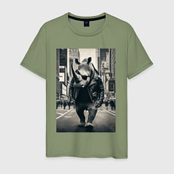 Футболка хлопковая мужская Могучий носорог житель Нью-Йорка - нейросеть, цвет: авокадо