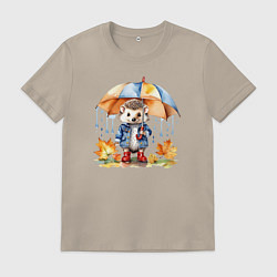 Футболка хлопковая мужская Осенний ежик с зонтиком, цвет: миндальный