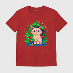 Футболка хлопковая мужская Милый котик под новогодней елкой, цвет: красный