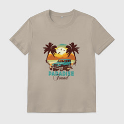 Футболка хлопковая мужская Джип Вранглер на фоне шикарного пляжа, цвет: миндальный