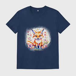 Мужская футболка Милый большеухий лисенок сидит в цветах