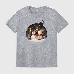 Футболка хлопковая мужская Ёлочный шарик со снеговиками и свечами, цвет: меланж