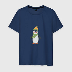 Футболка хлопковая мужская Весёлый пингвин в шапке, цвет: тёмно-синий
