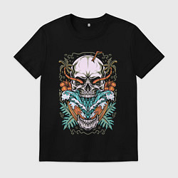 Футболка хлопковая мужская Череп волны пальмы, цвет: черный