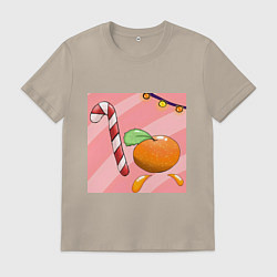 Футболка хлопковая мужская Рождественская карамельная трость и мандарин - Нов, цвет: миндальный