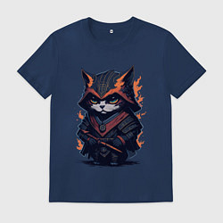 Футболка хлопковая мужская Кот - самурай, цвет: тёмно-синий