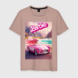 Футболка хлопковая мужская Барби в кабриолете на горной дороге, цвет: пыльно-розовый