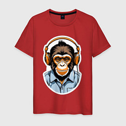 Футболка хлопковая мужская Портрет обезьяны в наушниках, цвет: красный
