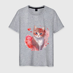 Футболка хлопковая мужская Кошка в красных сердечках, цвет: меланж