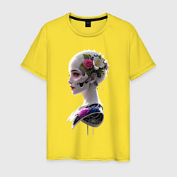 Футболка хлопковая мужская Фантастическая девушка робот цветы и механизм, цвет: желтый