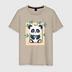 Футболка хлопковая мужская Панда кушает бамбук, цвет: миндальный