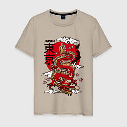 Футболка хлопковая мужская Япония - дракон, цвет: миндальный