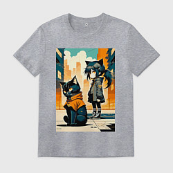 Мужская футболка Кот и девочка гуляют на своём районе - нейросеть