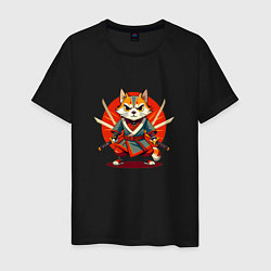 Футболка хлопковая мужская Рыжий кот самурай с мечами, цвет: черный