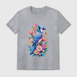 Футболка хлопковая мужская Голубая сойка среди цветов, цвет: меланж