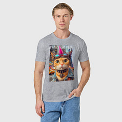 Футболка хлопковая мужская Котёнок панк музыкант из Нью-Йорка - нейросеть, цвет: меланж — фото 2