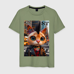 Футболка хлопковая мужская Глазастый котёнок панк из Нью-Йорка - нейросеть, цвет: авокадо