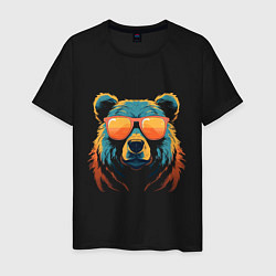 Футболка хлопковая мужская Медведь в оранжевых очках, цвет: черный