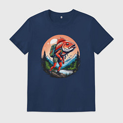 Футболка хлопковая мужская Рыба турист в горах, цвет: тёмно-синий