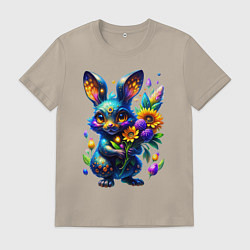 Мужская футболка Милый синий зайка с неоновым цветком