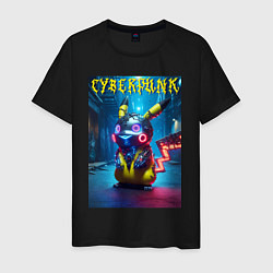 Футболка хлопковая мужская Cyberpunk - cool Pikachu neon glow, цвет: черный