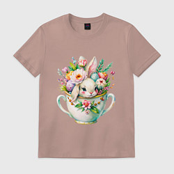 Футболка хлопковая мужская Милый кролик акварельная чашечка цветы, цвет: пыльно-розовый
