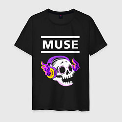 Футболка хлопковая мужская Muse - неоновый череп, цвет: черный