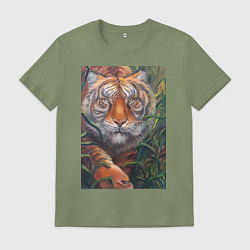 Футболка хлопковая мужская Охотящийся тигр, цвет: авокадо