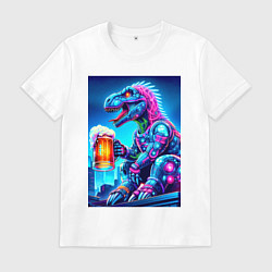 Футболка хлопковая мужская Cyber tyrannosaur with a mug of beer - ai art fant, цвет: белый