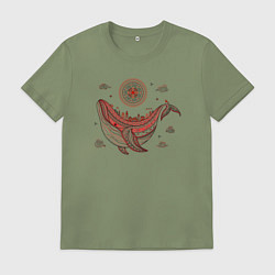 Футболка хлопковая мужская Кит и солнце в стиле мезенской росписи, цвет: авокадо