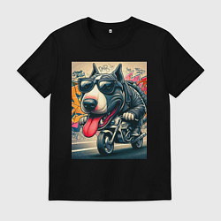 Мужская футболка Бультерьер управляет мотоциклом - граффити